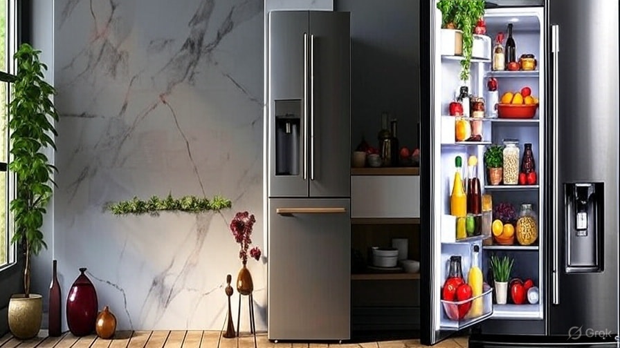 Refrigerator filled with fresh fruits and juices